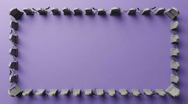 Halloween frame made of miniature gravestones and bats on a purple background
