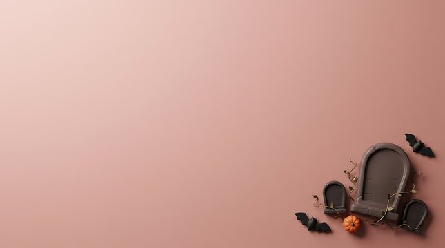 Halloween composition with gravestones, bats, and a pumpkin on a pink background