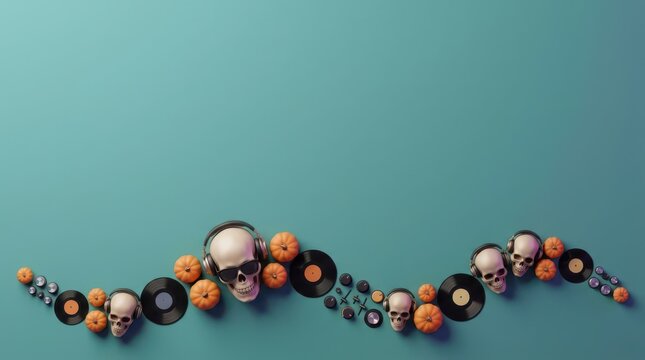 A flat lay composition featuring human skulls wearing headphones, vinyl records, and orange pumpkins arranged on a teal background