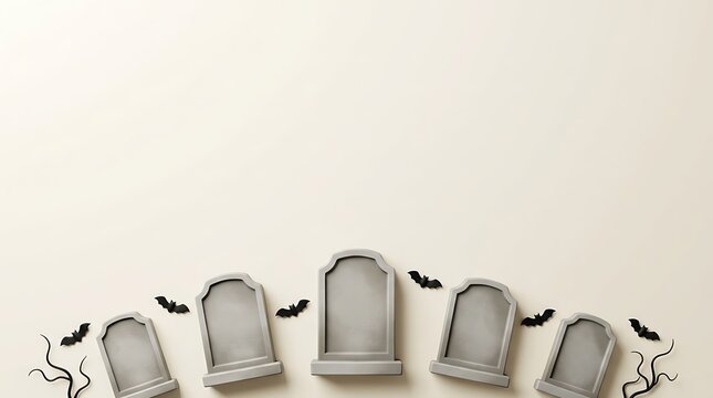 Halloween background with a row of grey tombstones and small black bats with decorative branches on a light beige surface with copy space above