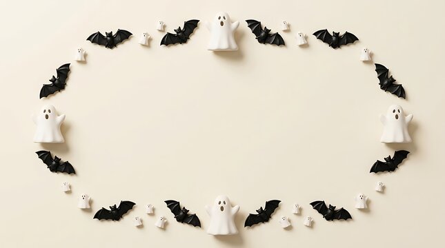Halloween background with a frame made of small white ghosts and black bats arranged in an oval shape on a light beige surface with copy space in the center