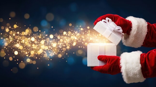 Santa's red gloved hands hold a small white gift with a bow while magic sparks fly around. The scene shows a festive atmosphere during the holidays