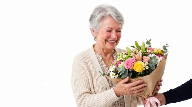 Joyful senior woman receives a beautiful bouquet of colorful flowers from an unseen person
