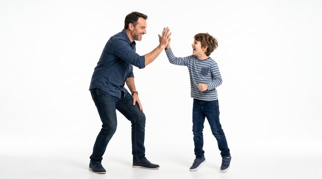 Father and Son High Five Celebrating Success Together on White Background