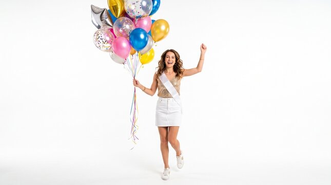 Joyful woman in sparkly top and white skirt holding colorful balloons wearing a sash