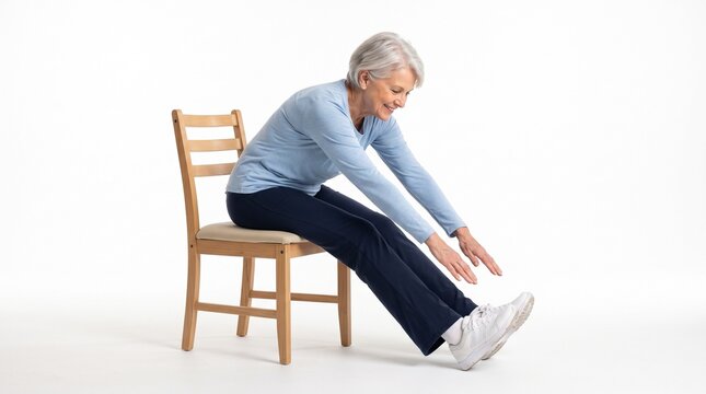 Elderly woman with gray hair performs a seated hamstring stretch on a wooden chair, smiling and reaching towards her toes