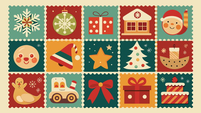 Vintage Christmas Postage Stamp Collection, Retro Holiday Greeting Cards and Festive Winter Vector Set