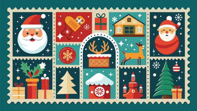 Vintage Christmas Postage Stamp Collection, Retro Holiday Greeting Cards and Festive Winter Vector Set