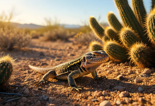 Desert wildlife and ecosystem, lizard on arid ground with cactus plants in natural habitat at sunset