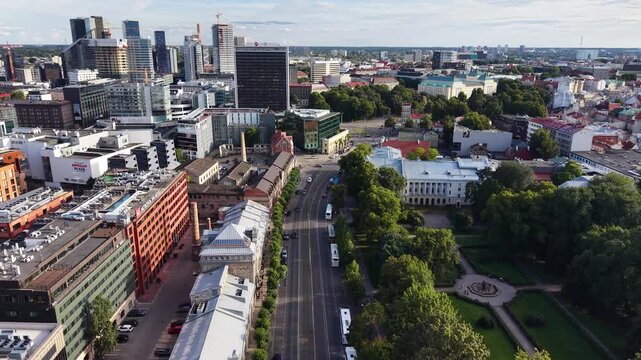 Aerial footage of Tallinn city skyline and Rotermann Quarter, Estonia