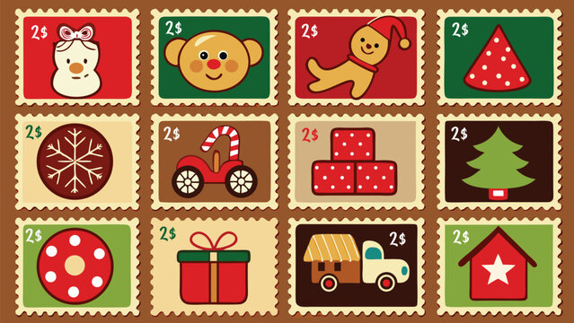 Vintage Christmas Postage Stamp Collection, Retro Holiday Greeting Cards and Festive Winter Vector Set