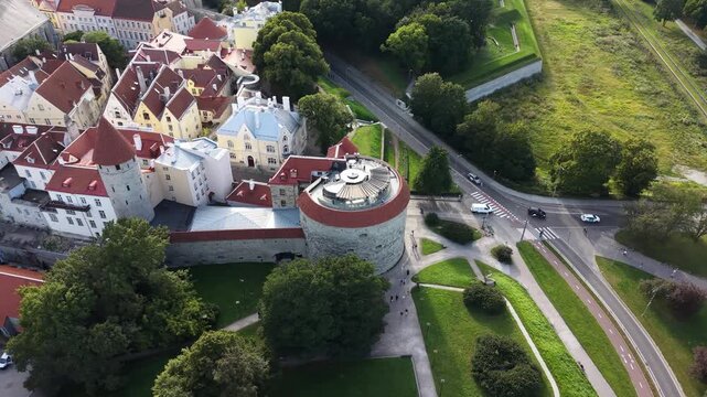 Flight over Fat Margaret Tower (Paks Margareeta) in Tallinn, Estonia