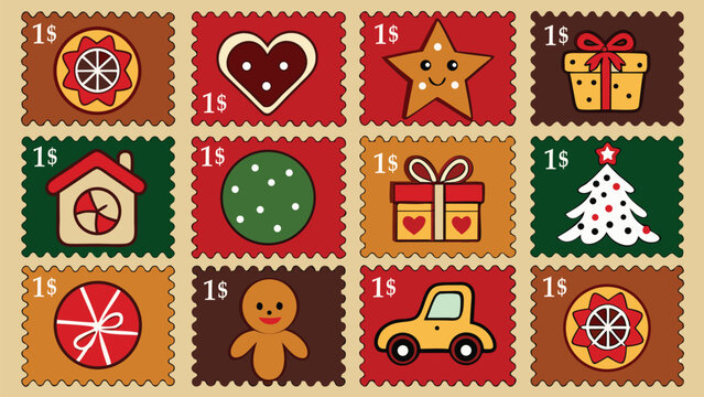 Vintage Christmas Postage Stamp Collection, Retro Holiday Greeting Cards and Festive Winter Vector Set
