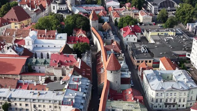 Drone view of medieval City Wall towers in Tallinn Old Town, Estonia