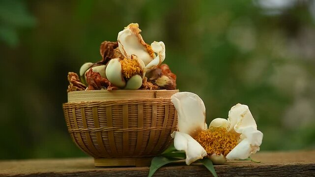 Fresh and dried Indian rose chestnut or Mesua ferrea flowers on natural background.