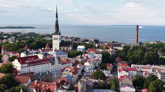 Panoramic aerial view of Tallinn Old Town and the Baltic Sea, Estonia