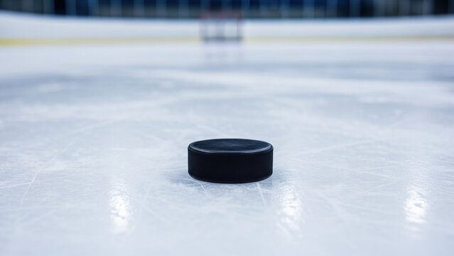 Hockey puck sliding on ice with blurred arena in background, close-up view highlighting puck texture and surface. Hockey puck sits on smooth ice, capturing motion and excitement of game.