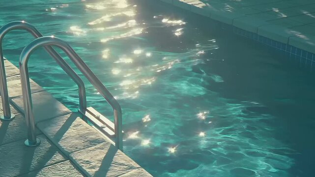 Summer hot vibe lifestyle. A vivid, highresolution photograph of a swimming pool. The pools crystal clear blue water reflects the sunlight, creating a shimmering effect. A sleek.