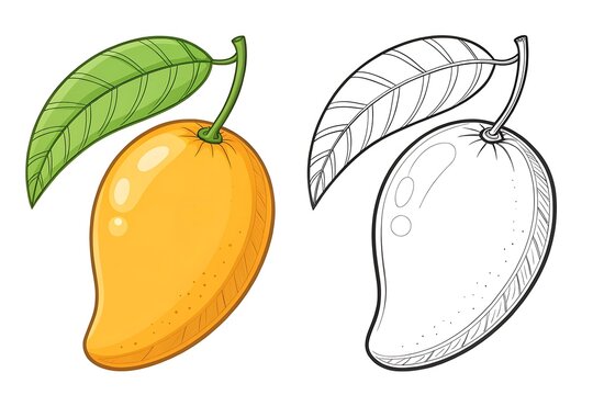 Colorful mango fruit with green leaf illustration