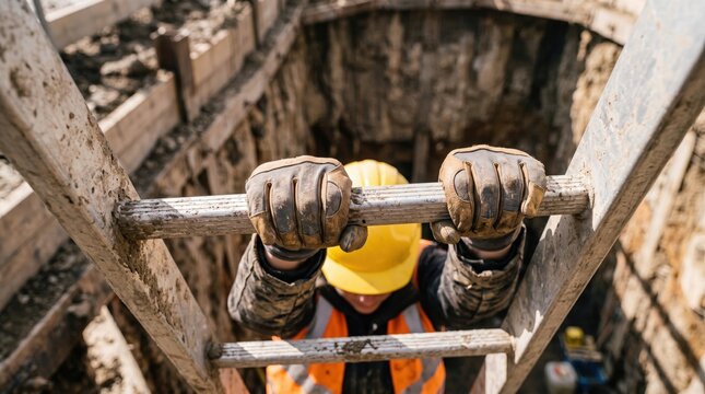 Construction worker climbing ladder in excavation pit showing safety gear and focused expression. Worker in hard hat ascends ladder in deep excavation,