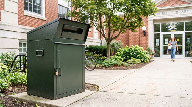 Book drop box outside town library for returning books with green exterior and handle. Book drop box is conveniently placed near entrance of library, providing easy access for visitors.