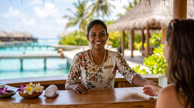 Friendly Resort Receptionist Welcoming a Guest at an Open-Air Tropical Check-In Desk