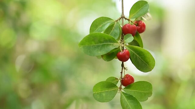 Branch cherry fruits and green leaves on natural background.
