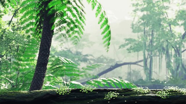 In a dense forest, green plants and tall trees stand under a thick mist. The fog creates a soft light, highlighting the shapes of the leaves and branches.