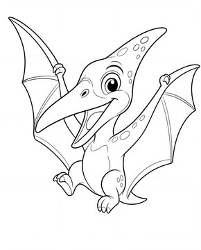 A cute and fun 3D prehistoric pterodactyl coloring page for children featuring a smiling cartoon creature with spread wings and big eyes