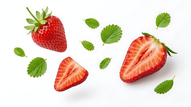 Fresh red strawberries with green leaves and slices on a surface