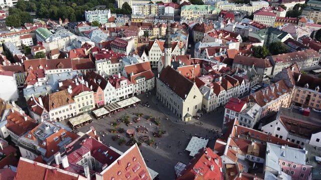 Drone shot of Town Hall Square (Raekoja Plats) in Tallinn Old Town, Estonia