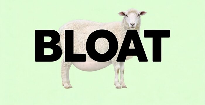 Bloated sheep with the word BLOAT written in bold letters against a light green background