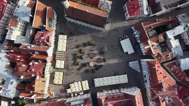 Top-down aerial view of Town Hall Square (Raekoja Plats) in Tallinn, Estonia