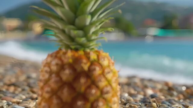 Summer hot vibe lifestyle. A vivid, closeup shot of a pineapple on a pebble beach. The pineapple is the main subject, with its spiky green leaves contrasting against the goldenbrown.