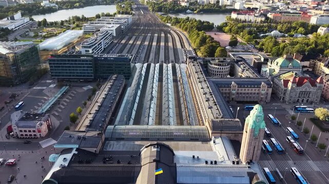 Aerial footage of Helsinki Central Railway Station (Helsingin Paaraautatieasema)