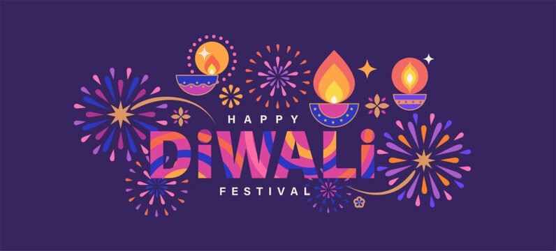 Happy Diwali poster, festival banner with bright fireworks and candles with fire. Anniversary traditional event. Template design with diya lamp for web, social media, flyers, cover, print. Vector