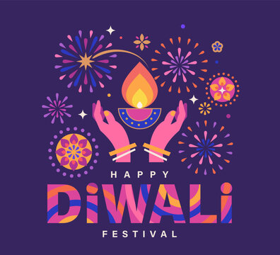 Happy Diwali poster, festival banner with bright fireworks and hands with candle and fire.Anniversary traditional event. Template design with diya lamp for web,social media,flyers, cover, print.Vector