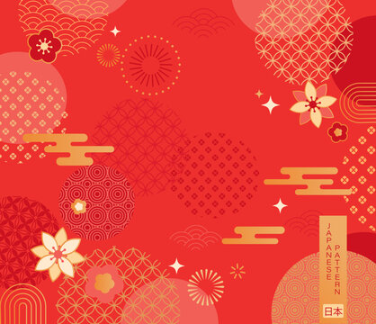 Chinese luxury golden geometric background for New Year and other holidays.Japanese traditional pattern on red backdrop. Oriental design for cards,posters,advertise,web,sales,banners,flyers,discounts.