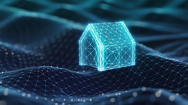 Digital wireframe house concept on network