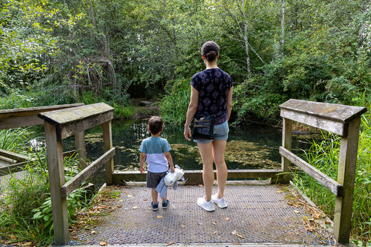 Mother and Young Son Standing on Wooden Dock Over Pond at Great Blue Heron Nature Reserve Chilliwack BC Canada