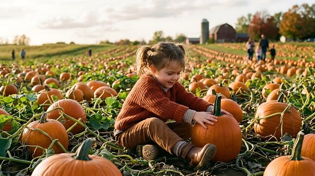 Little girl picking pumpkins in a patch on a sunny autumn day