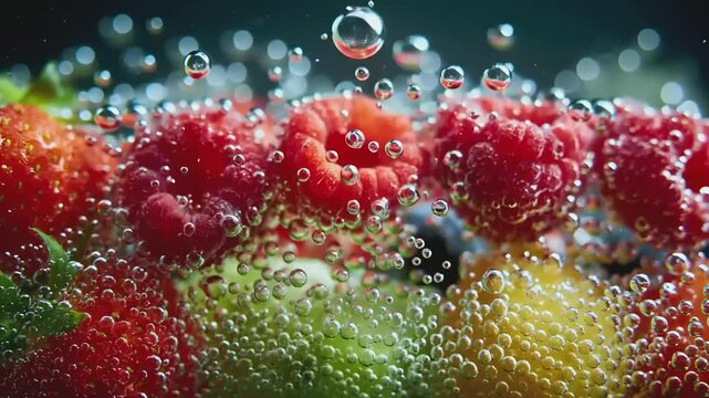 Summer hot vibe lifestyle. A closeup of a vibrant display of fresh strawberries and raspberries. The strawberries are a deep red, while the rasberries are a bright yellow.