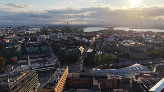 Sunset aerial view of Helsinki cityscape panorama, Finland