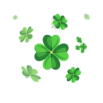Four leaf clover collection with smaller clovers scattered during spring concept isolated on transparent background