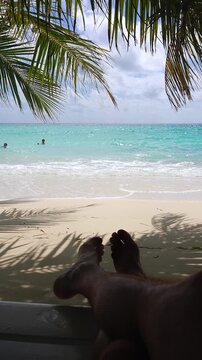 A person relaxes on a sunbed under palm fronds, looking out at swimmers in turquoise ocean water on a sunny tropical beach in Maldives.