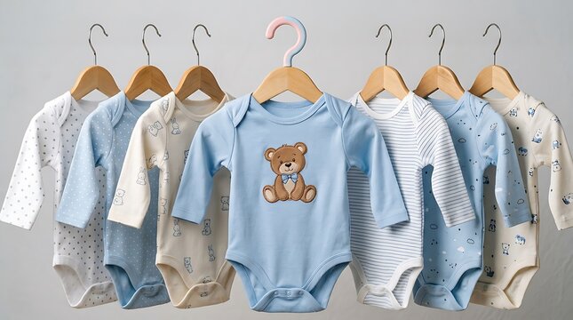 Cute baby clothes with teddy bear print hanging on wooden hangers