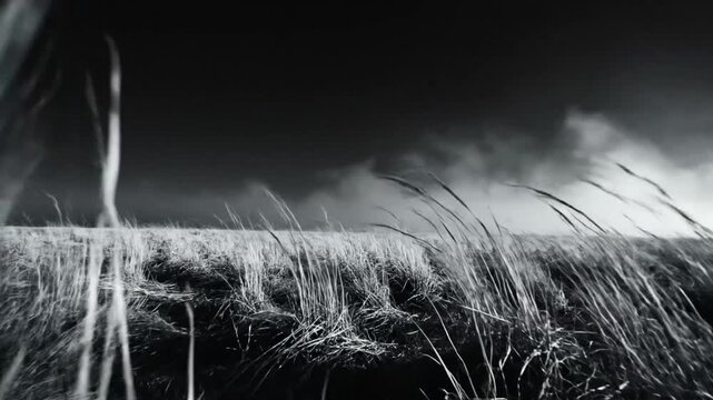 Black and white monochrome view of tall grass blowing in the wind on a desolate open field with a moody atmosphere