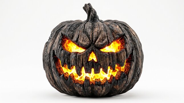 Scary Jack-O&rsquo;-Lantern Halloween Pumpkin with Glowing Eyes &ndash; 3D Illustration