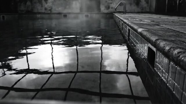 Eerie monochrome shot of a still indoor swimming pool with steam and reflections