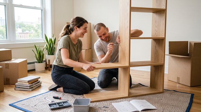 Happy couple assembling flat pack furniture bookshelf in new home with moving boxes around